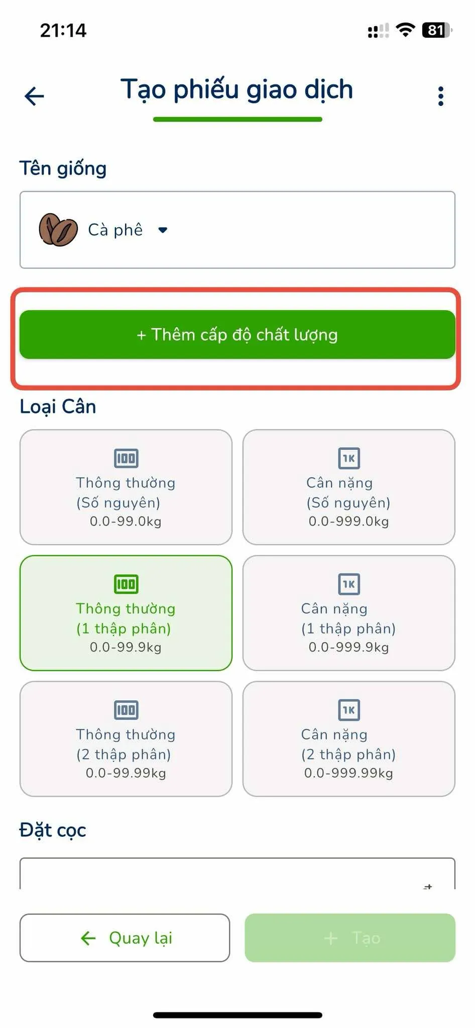 Thiết lập loại chất lượng
