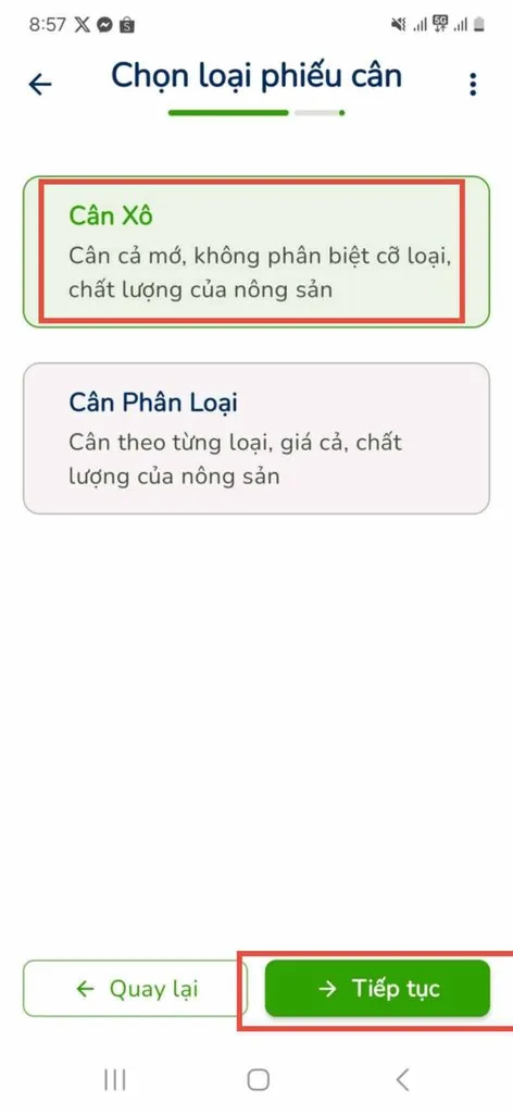 Chọn chức năng cân xô